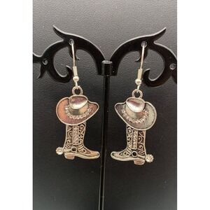 Silver Tone Western Cowboy Cowgirl Boots And Hat Dangle Pierced Earrings